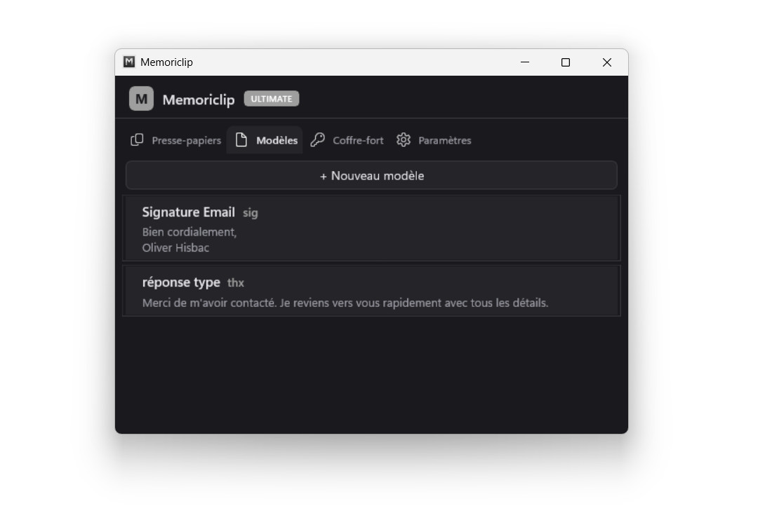 Memoriclip — onglet Modèles : textes réutilisables avec raccourcis clavier (données de démo)